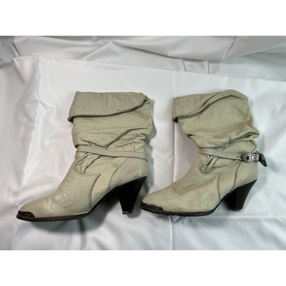 ZODIAC Recruit Cowboy Slouch Boots Leather Toe Tips Cream Womens Rare Vintage 7M - Picture 5 of 11